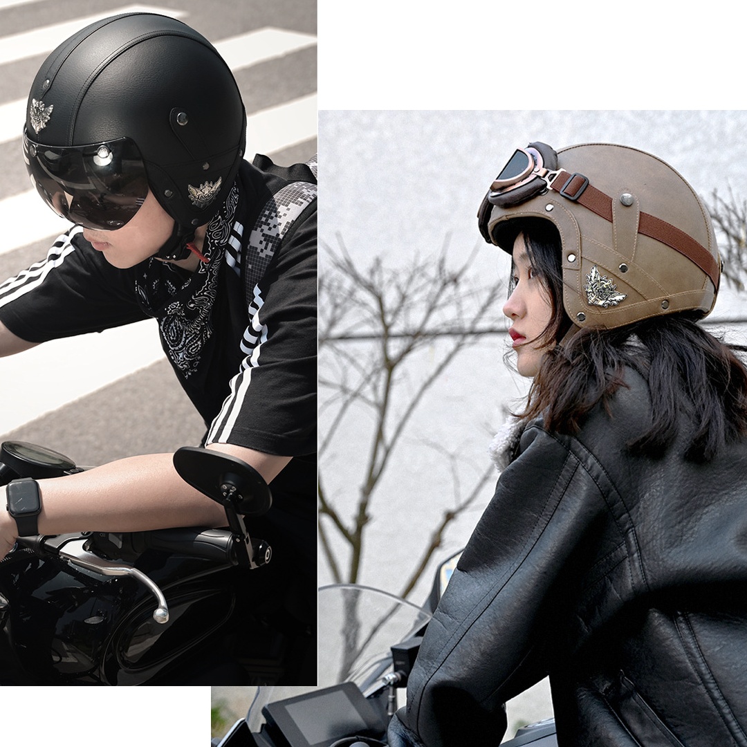 Electric Car Motorcycle Retro Four Seasons Leather Motorcycle Helmet