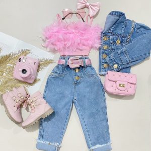 New Girls' Solid Color Sling Top Denim Trousers Suit