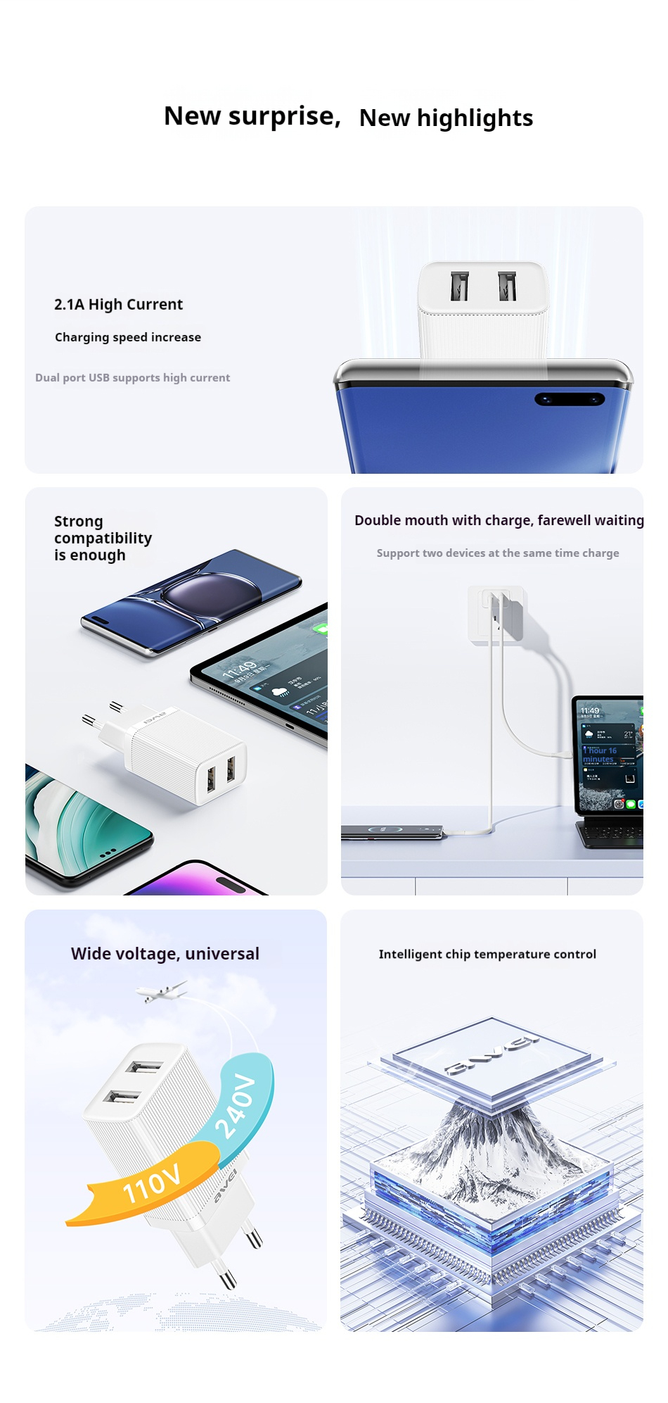 AWEI C15T Dual USB Charging Head, Type-C Cable Kit 1m
