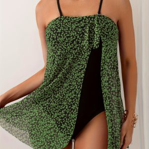 Women's Fashionable One-piece Swimming Suit With Net Fabric, Leaf Pattern, Concealing Excess Flesh, One-piece Swimsuit, Beach Style