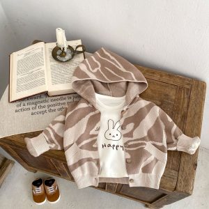 Autumn Children's Texture Jacquard Hooded Knit Cardigan Small Coat Sweater
