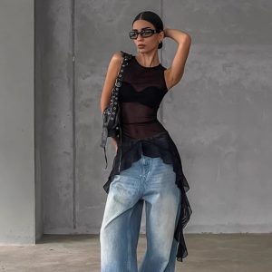 Black Tulle Ruffled Maxi Top