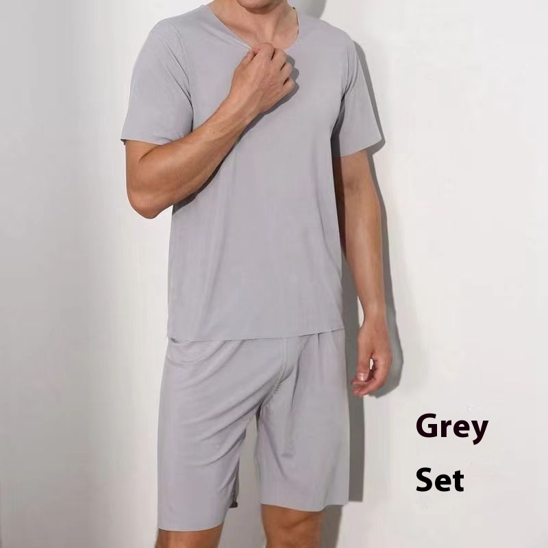 Advanced Ice Silk Round Neck Solid Color Short Sleeve Shorts Suit