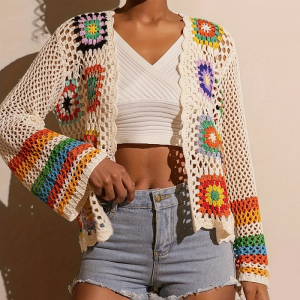 Women's Elegant Crochet Cardigan - Long Sleeve Open Front Vibrant Color Block Coat