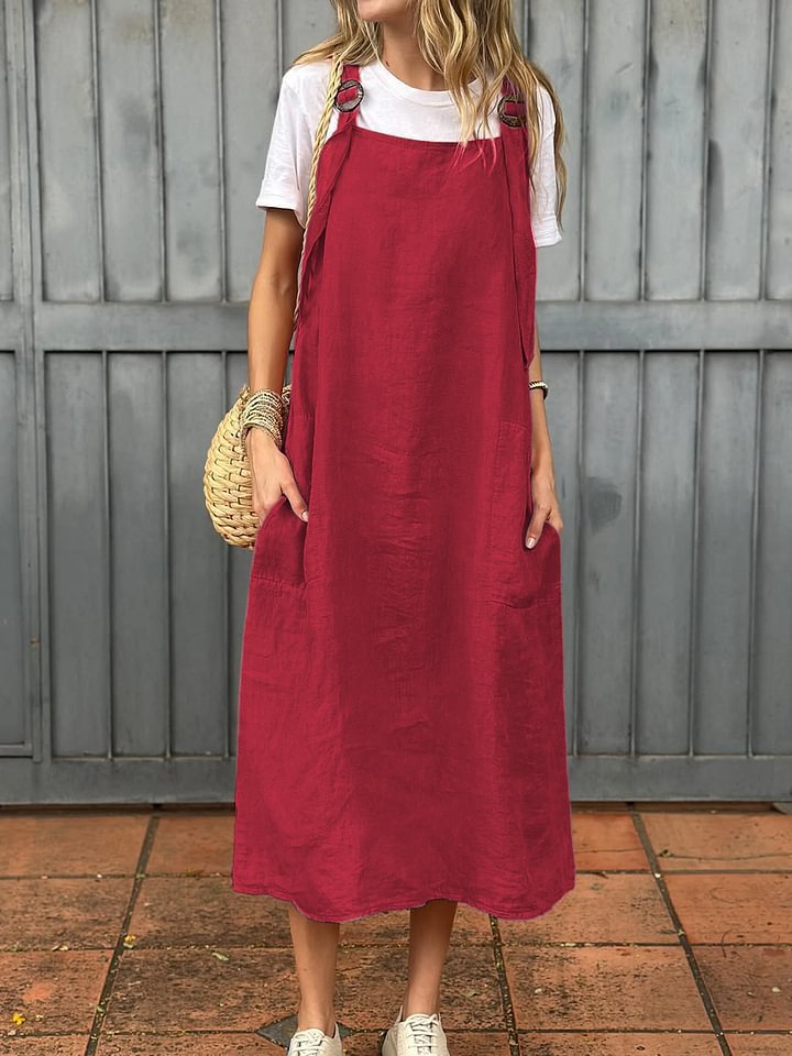Summer Women's Adjustable Shoulder Strap Casual Cotton And Linen Dress