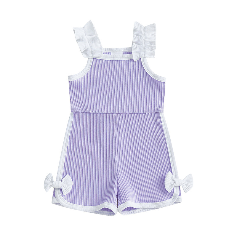 Flounced Sleeve Bowknot Candy Color Sports Casual Suspenders Jumpsuit Shorts