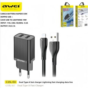 AWEI C15L Dual USB Charging Head, Lightning Cable Set 1m
