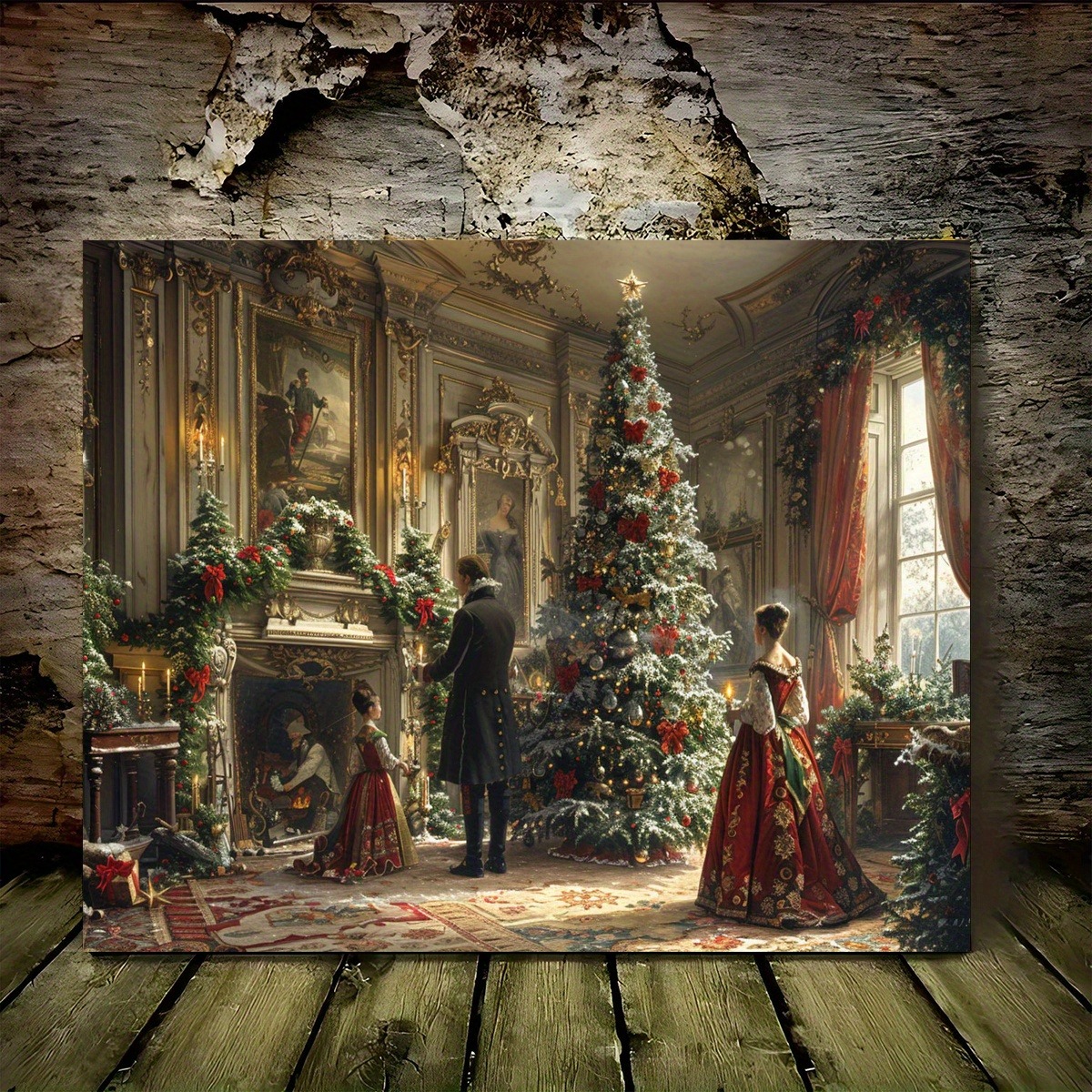 1 Canvas Painting With Wood Frame, Ready To Hang, Victorian Christmas Tree Light Scene - Woven Fiberboard Wall Art, Waterproof Framed Canvas - Holiday Decorations For Thanksgiving, Christmas, Hallowee