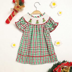 Toddler Infant Baby Girls Christmas Dress Short Sleeve Christmas Tree Embroidered Plaid Casual Party Dresses