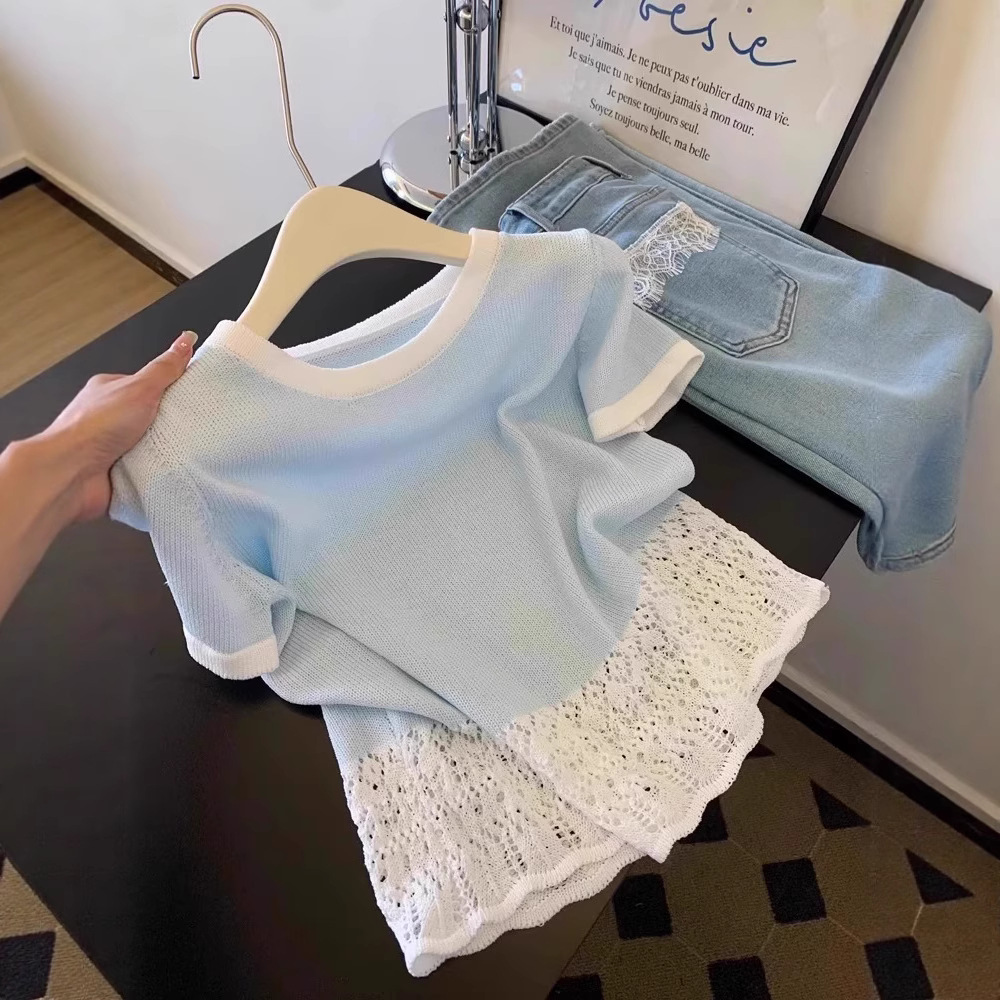 Lace Edge Stitching Hollow Women's Short Sleeve