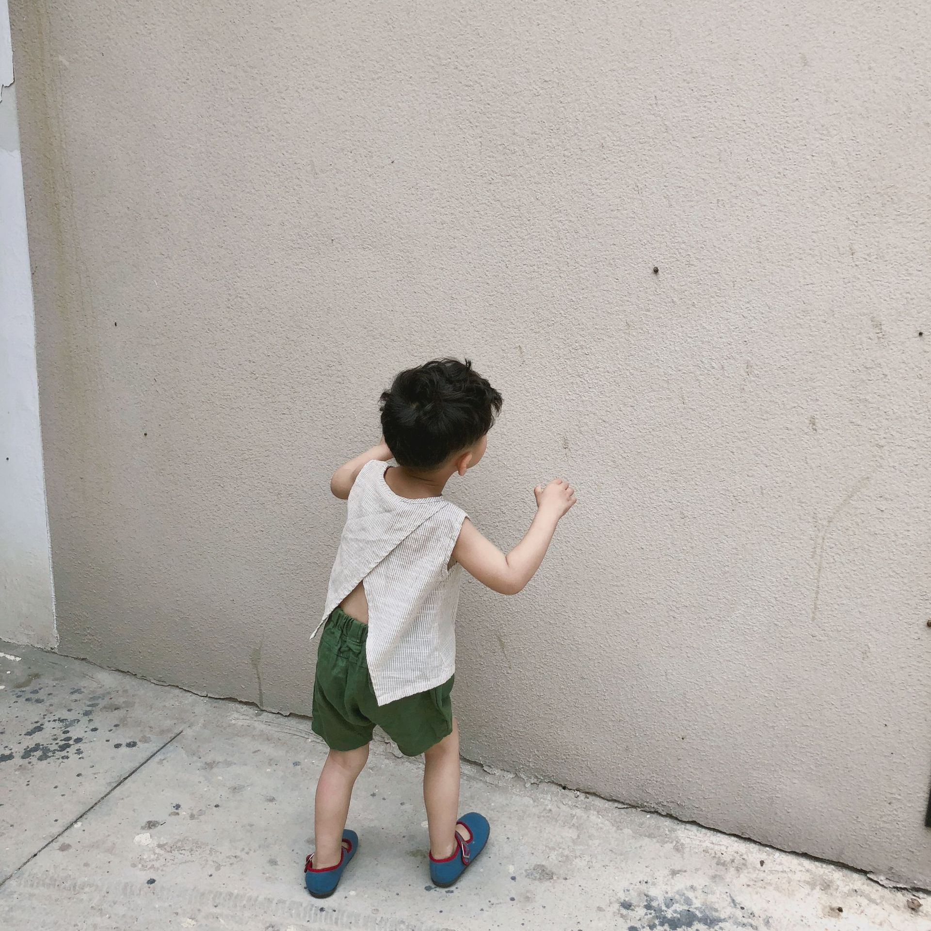 Korean Style Summer Children's Cotton And Linen Sleeveless Back Slit Vertical Stripe Vest