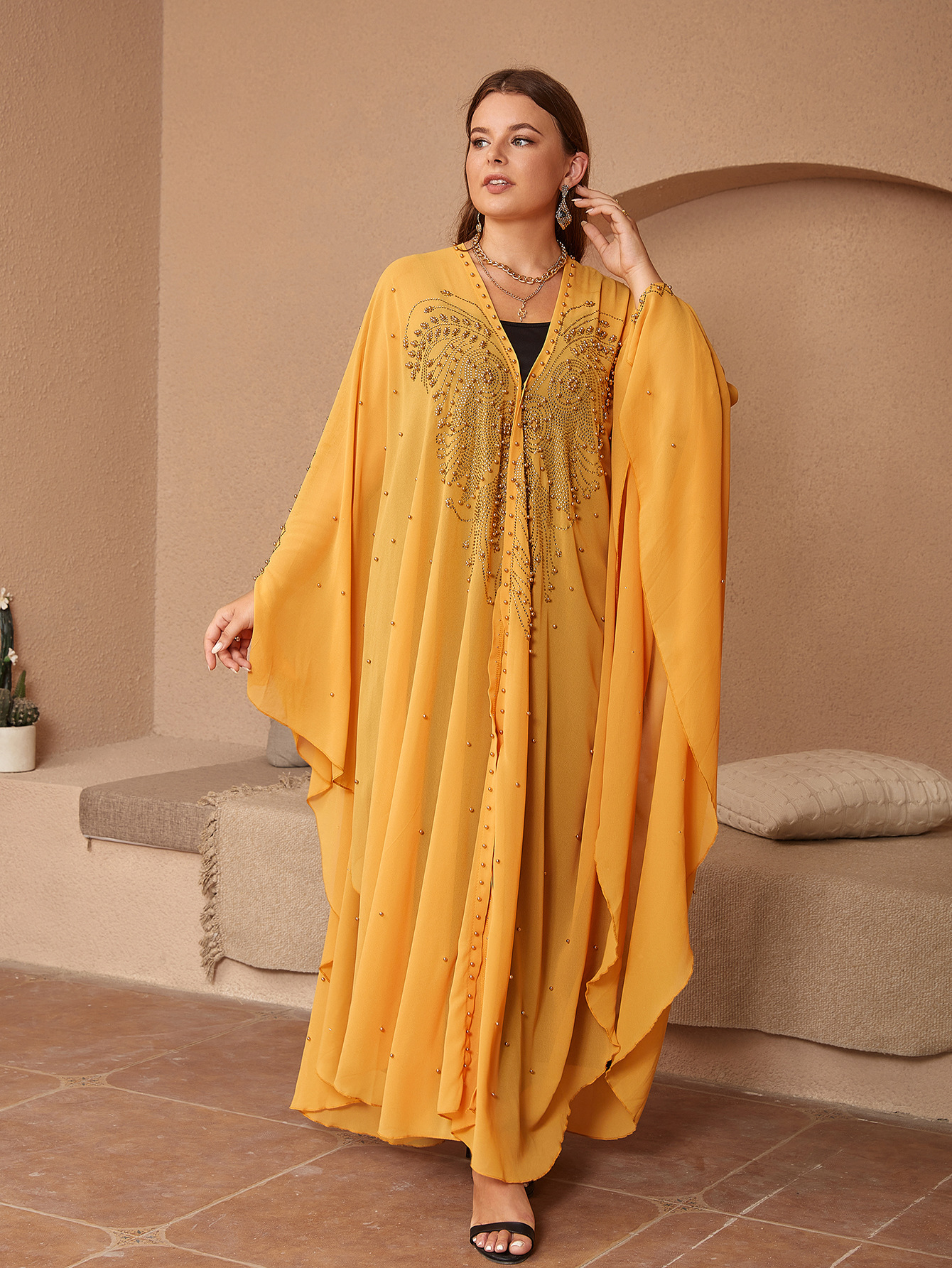 Muslim Style Rhinestone Beaded High Density Chiffon Cape And Shawl