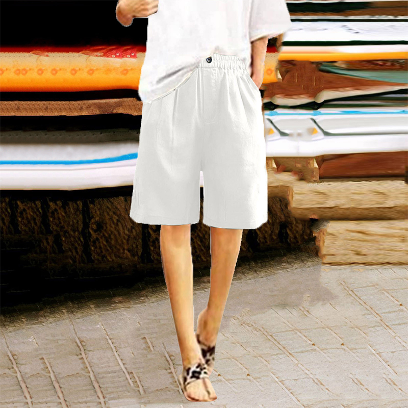 Women's Casual High Waist Loose Fit Solid Color Shorts - Button & Elastic Waist With Pockets, Comfortable Summer Shorts