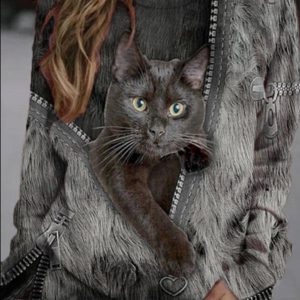 Zip Up Cartoon Cat Print Casual O-Neck Long Sleeve T-Shirt