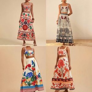 Sexy Spaghetti Straps Midriff-baring Printed Up And Down Skirt Suit