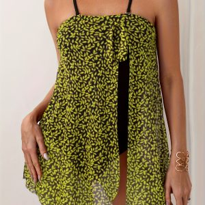 European And American Sexy Chest Mesh Skirt Leaf Print One-piece Swimsuit