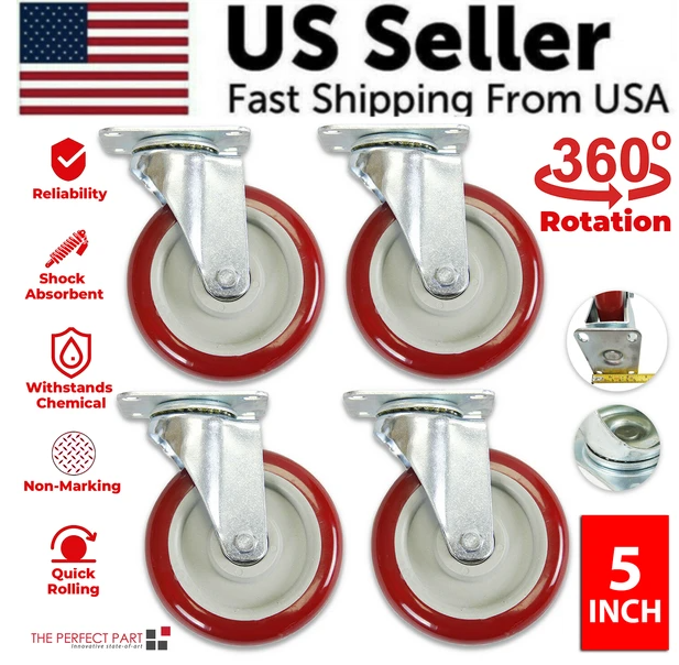 4 Pack 5 Inch Caster Wheels Swivel Plate Polyurethane Wheels Heavy Duty Wheels