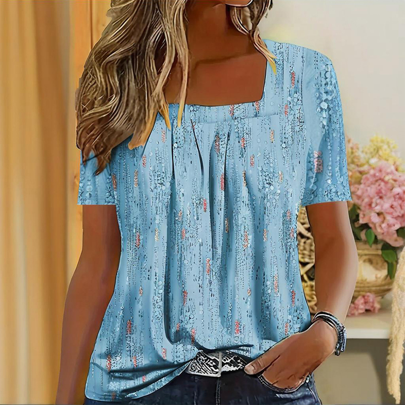 Women's Casual Square Neck Glitter T-Shirt - Sparkling Short Sleeve Top With Printed Design, Vibrant Spring&Summer Fashion Tee