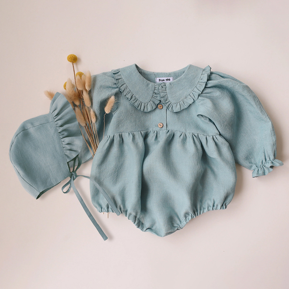 Cotton And Linen Romper Hat Baby Lace Collar Onesie