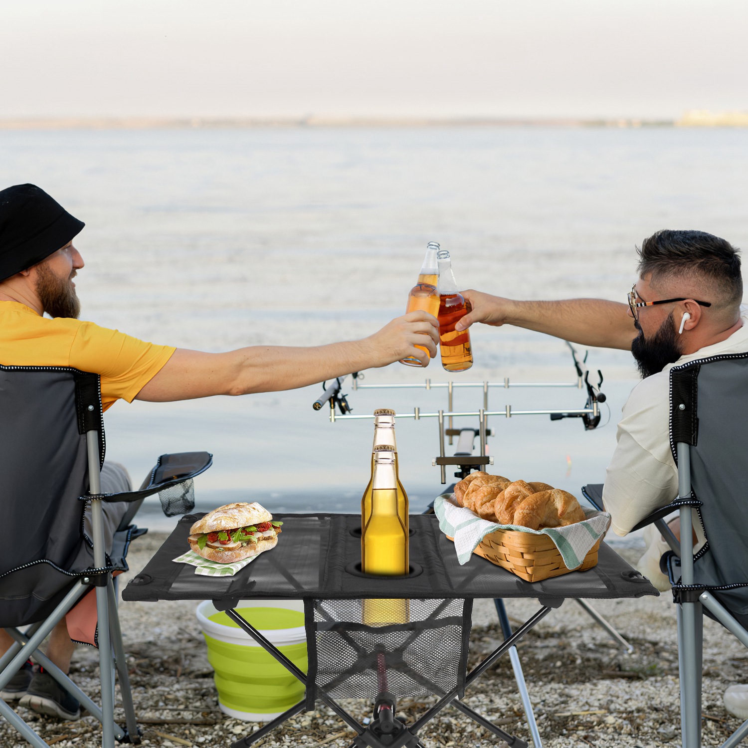 1Pc Portable Folding Camping Table Foldable Beach Table Aluminum Alloy Frame With 2 Cup Holders 2 Side Pockets Carry Bag For Picnic Camping Hiking Beach BBQ