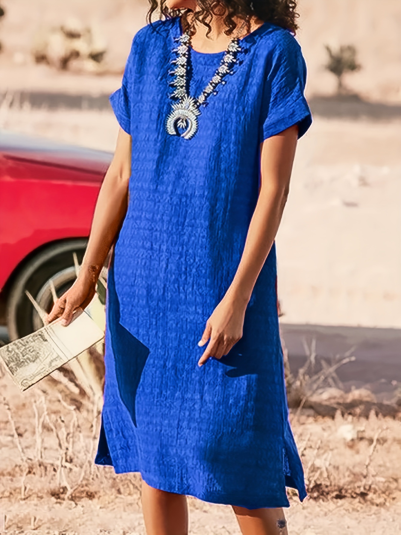 Round Neck Short Sleeve Split Fold Split Dress