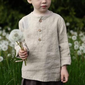 Boy Half-open Collar Long Sleeve Cotton Linen Shirt