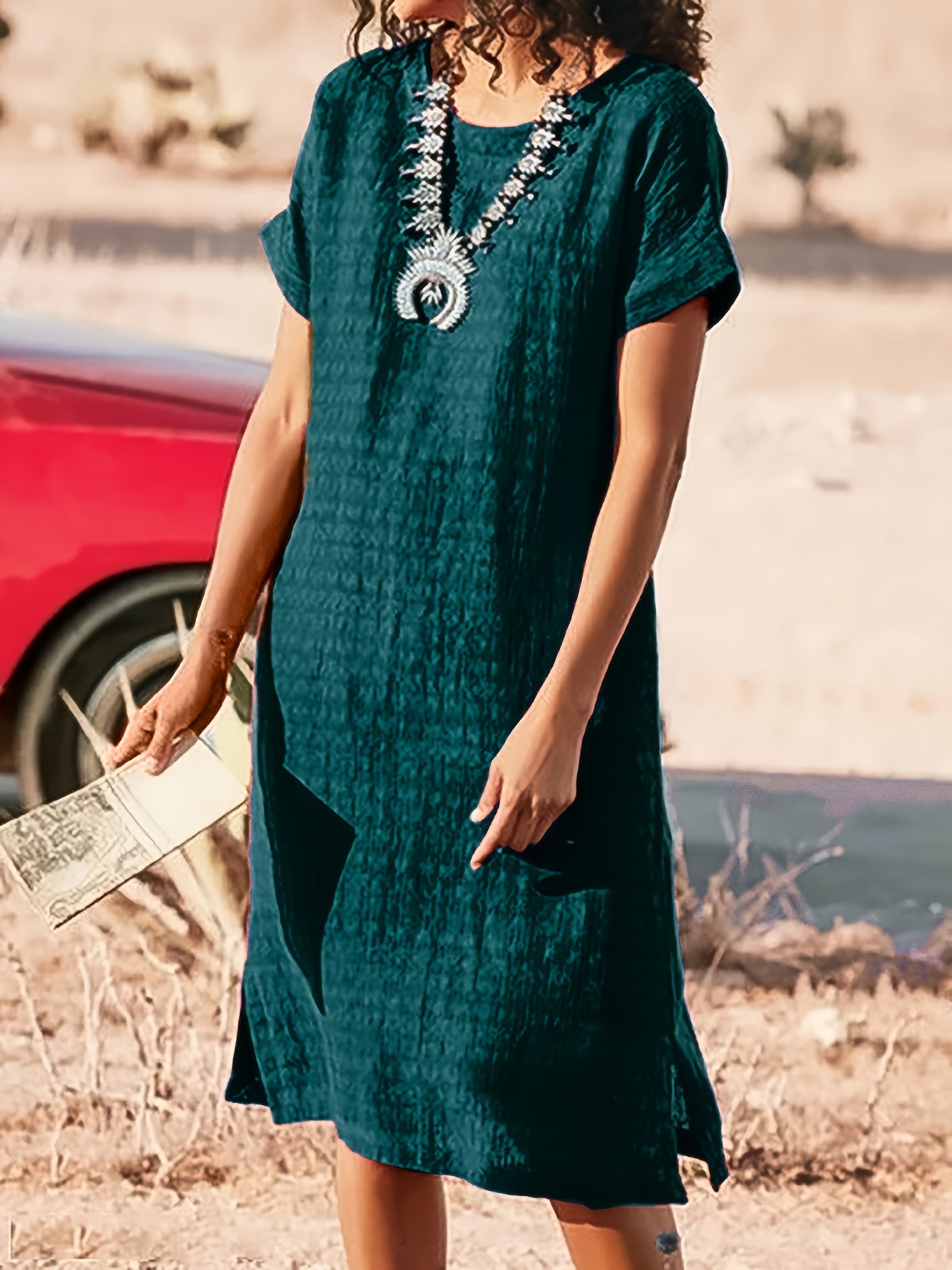 Round Neck Short Sleeve Split Fold Split Dress