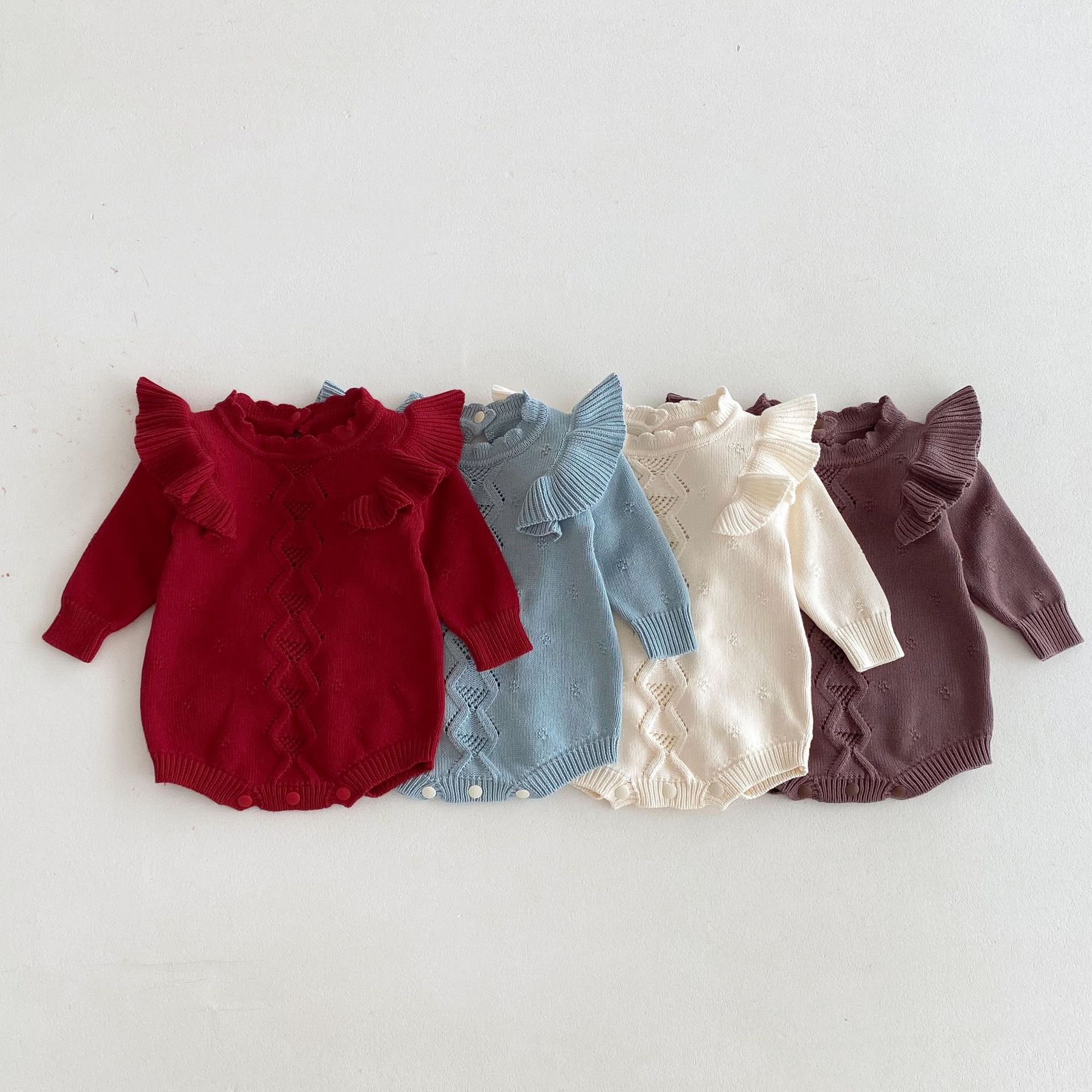 Baby Knitted Flounced Sleeve Pullover Sweater Lace Jumpsuit Romper