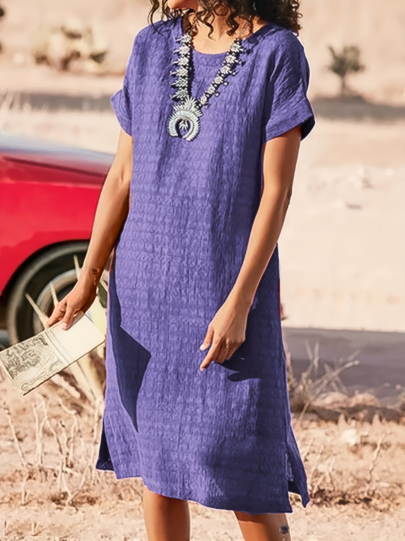 Round Neck Short Sleeve Split Fold Split Dress