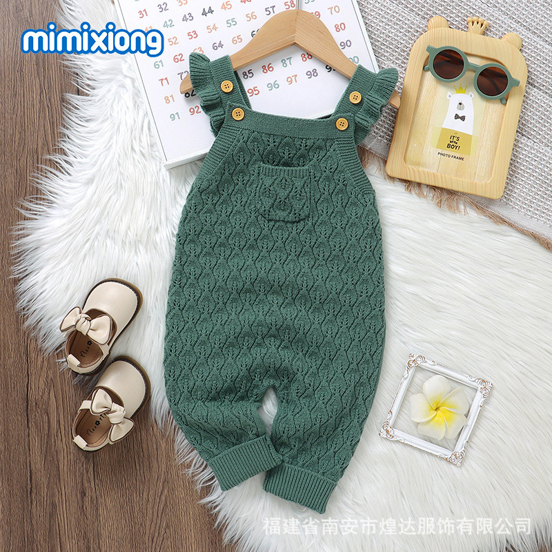 Autumn And Winter Infant Solid Color Flounced Sleeve Sling One-piece Rompers Jumpsuit
