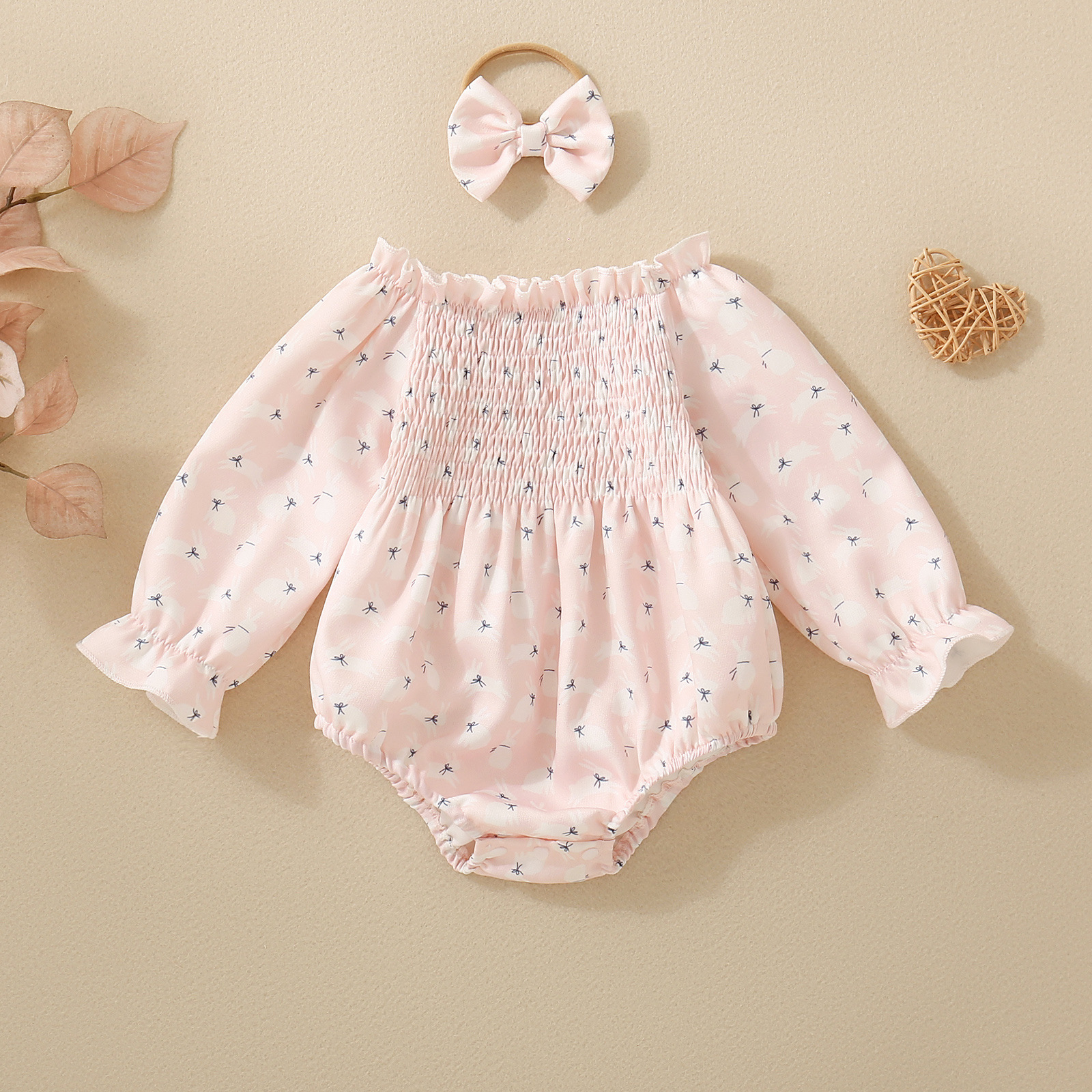 Infant Smocking Printed Long Sleeve Romper