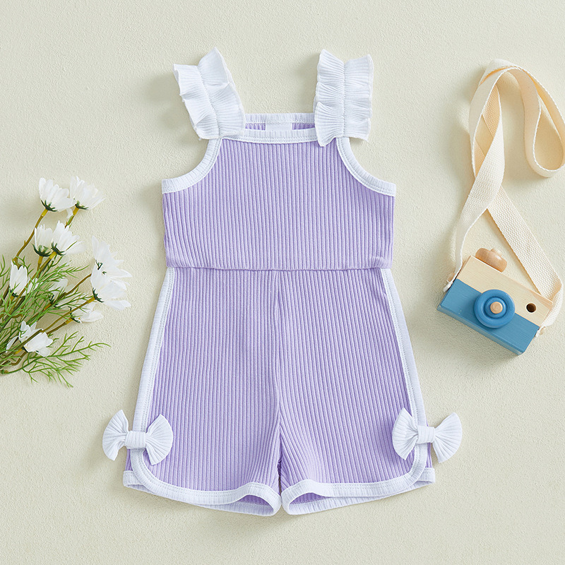 Flounced Sleeve Bowknot Candy Color Sports Casual Suspenders Jumpsuit Shorts