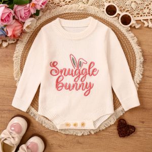 Children's Romper Easter Rabbit Ear Letter Embroidery Round Neck Long Sleeve Sweater