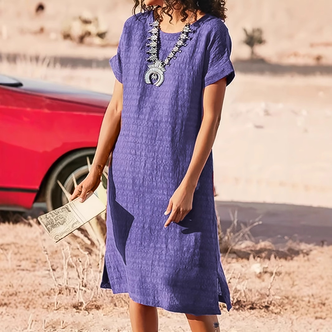 Round Neck Short Sleeve Split Fold Split Dress