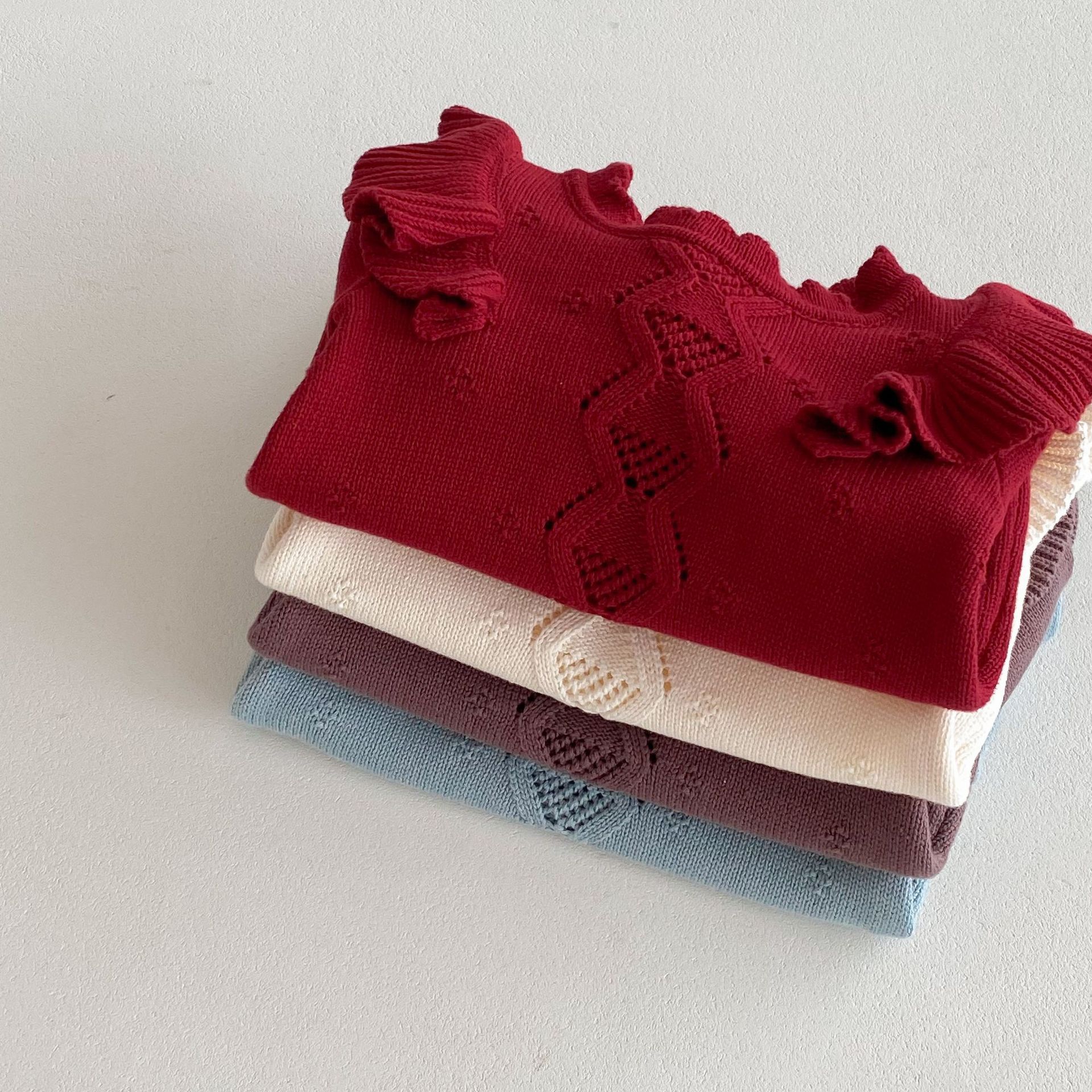 Baby Knitted Flounced Sleeve Pullover Sweater Lace Jumpsuit Romper