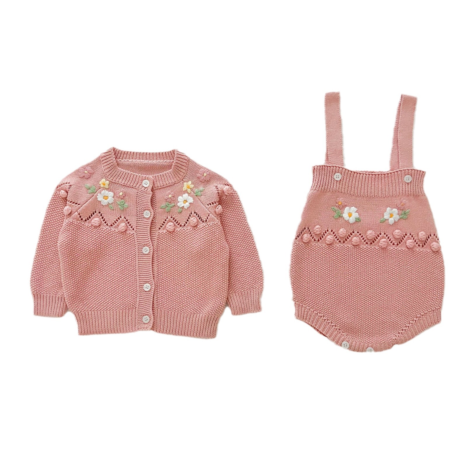 Newborn Handmade Flower Two-piece Knitted Cardigan Jumpsuit