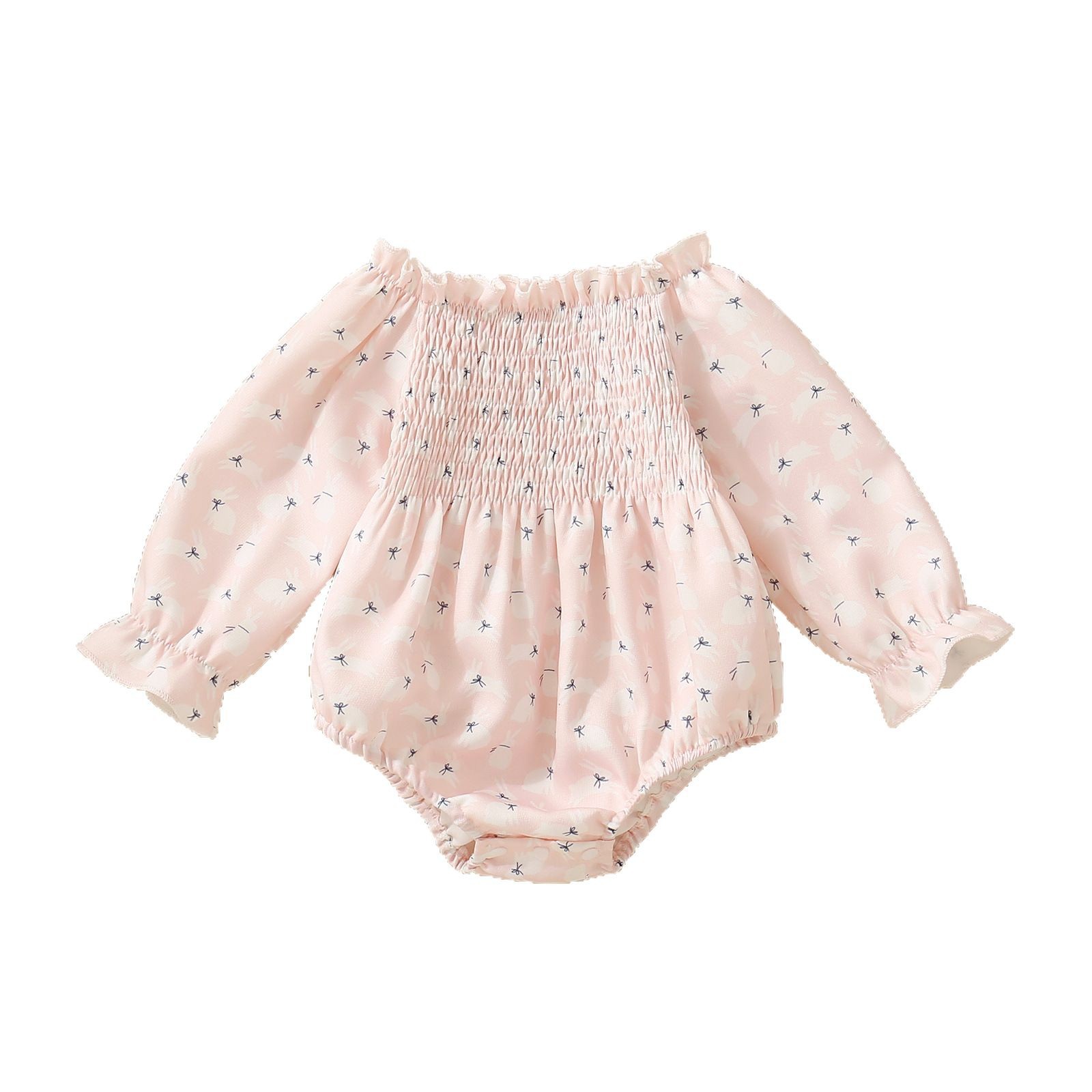 Infant Smocking Printed Long Sleeve Romper