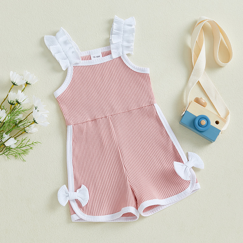 Flounced Sleeve Bowknot Candy Color Sports Casual Suspenders Jumpsuit Shorts