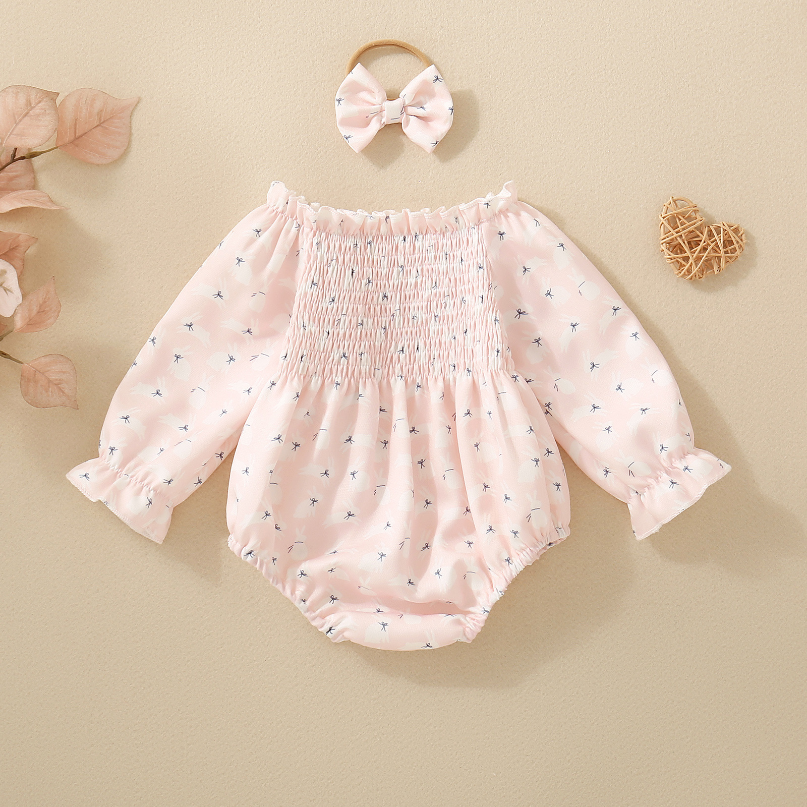 Infant Smocking Printed Long Sleeve Romper