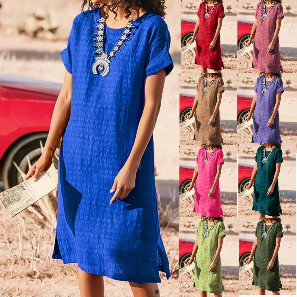 Round Neck Short Sleeve Split Fold Split Dress