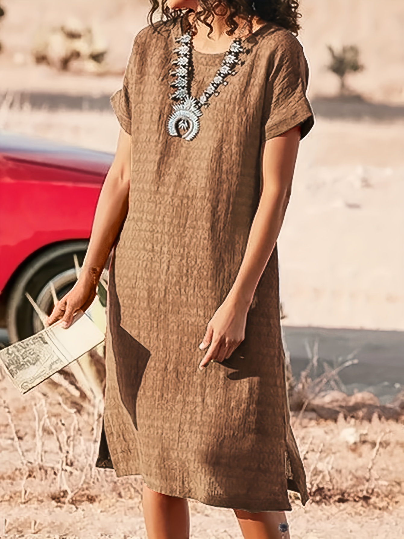 Round Neck Short Sleeve Split Fold Split Dress