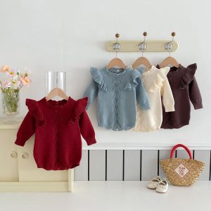 Baby Knitted Flounced Sleeve Pullover Sweater Lace Jumpsuit Romper