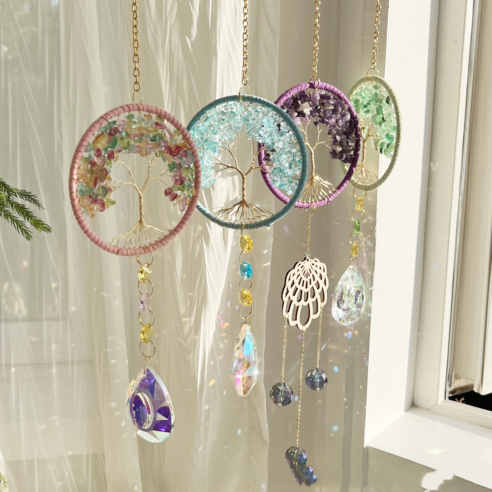 Four Colors Natural Crystal Lucky Tree Sun Catcher Crystal Wind Chimes