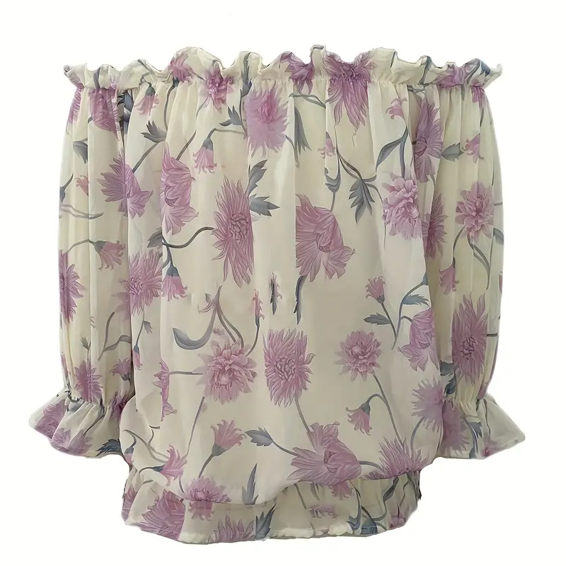 Womens Summer Off Shoulder Blouse Floral Print Ruffle Sleeve Casual Chiffon Tops Shirts