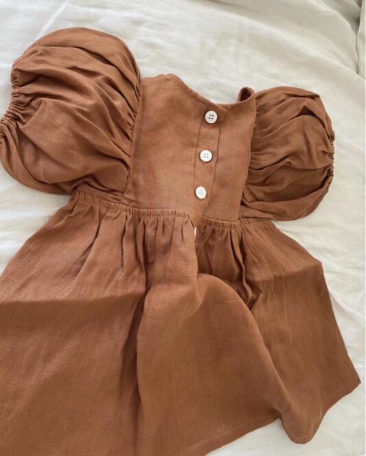 Cotton And Linen Girl Puff Sleeve Dress
