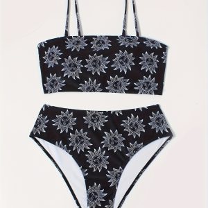 Women's Large-size Bikini Set With Random Prints - Sunflower Pattern - Swimsuit Set For Vacation Style.