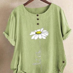 New European And American Loose Round Neck Print Button Top Women's Summer