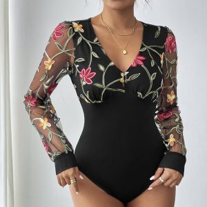 Sexy Romantic Retro Style Lace Long Sleeve Embroidered V-neck Jumpsuit