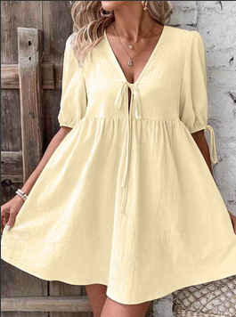 Deep V-neck Design Chest Lace-up A- Line Dress