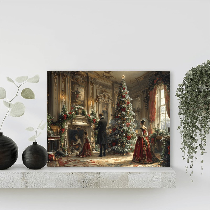 1 Canvas Painting With Wood Frame, Ready To Hang, Victorian Christmas Tree Light Scene - Woven Fiberboard Wall Art, Waterproof Framed Canvas - Holiday Decorations For Thanksgiving, Christmas, Hallowee